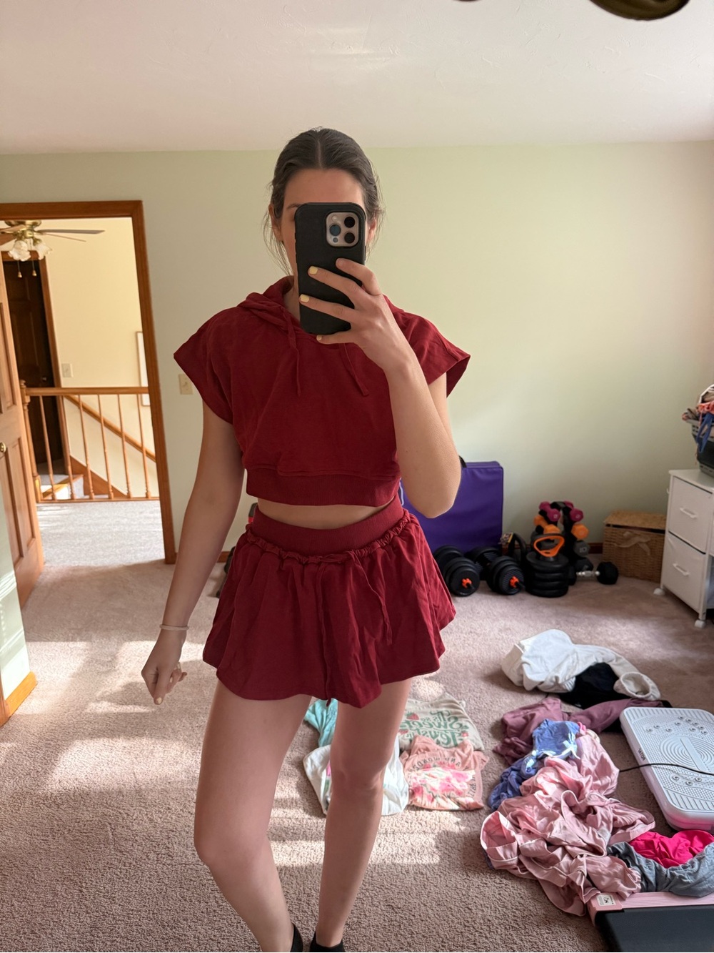 Pink Lily Burgundy Cropped Hoodie and Skirt Set